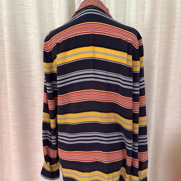 Equipment Femme Shirt Womens Small Navy Blue Striped 100% Silk Button‎ Up Top - Picture 4 of 15
